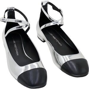 Stuart Weitzman Eden Strap Cap-Toe Flats Silver/Black Women US 7M EU 37.5